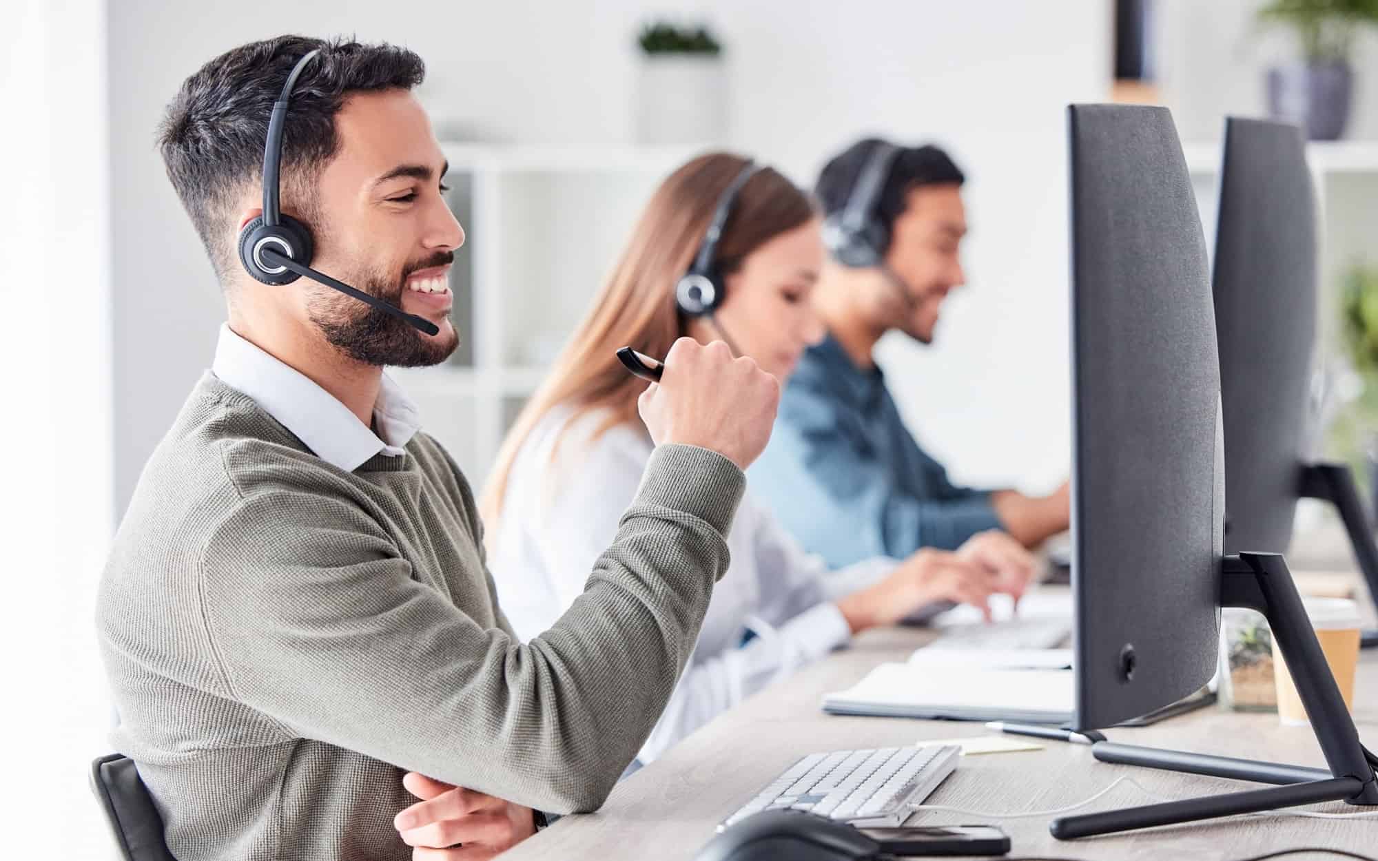 call center and working in team office with headset